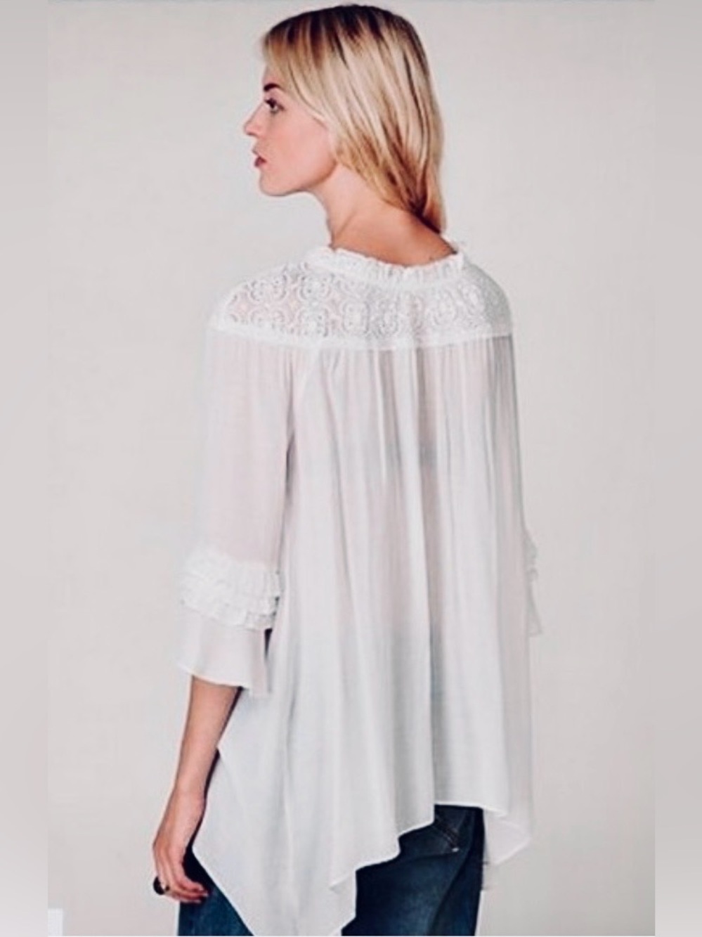 Free People sheer button-down features delicate lace trim and ruffle sleeves - Picture 3 of 11